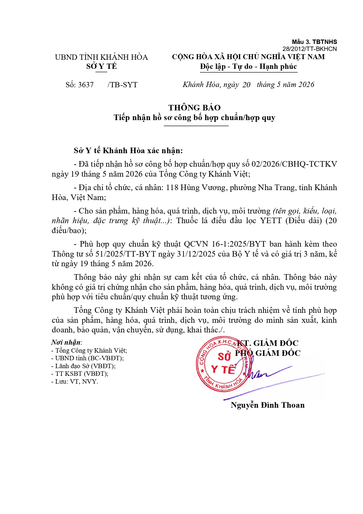 Thông báo Tiếp nhận hồ sơ công bố hợp chuẩn/hợp quy